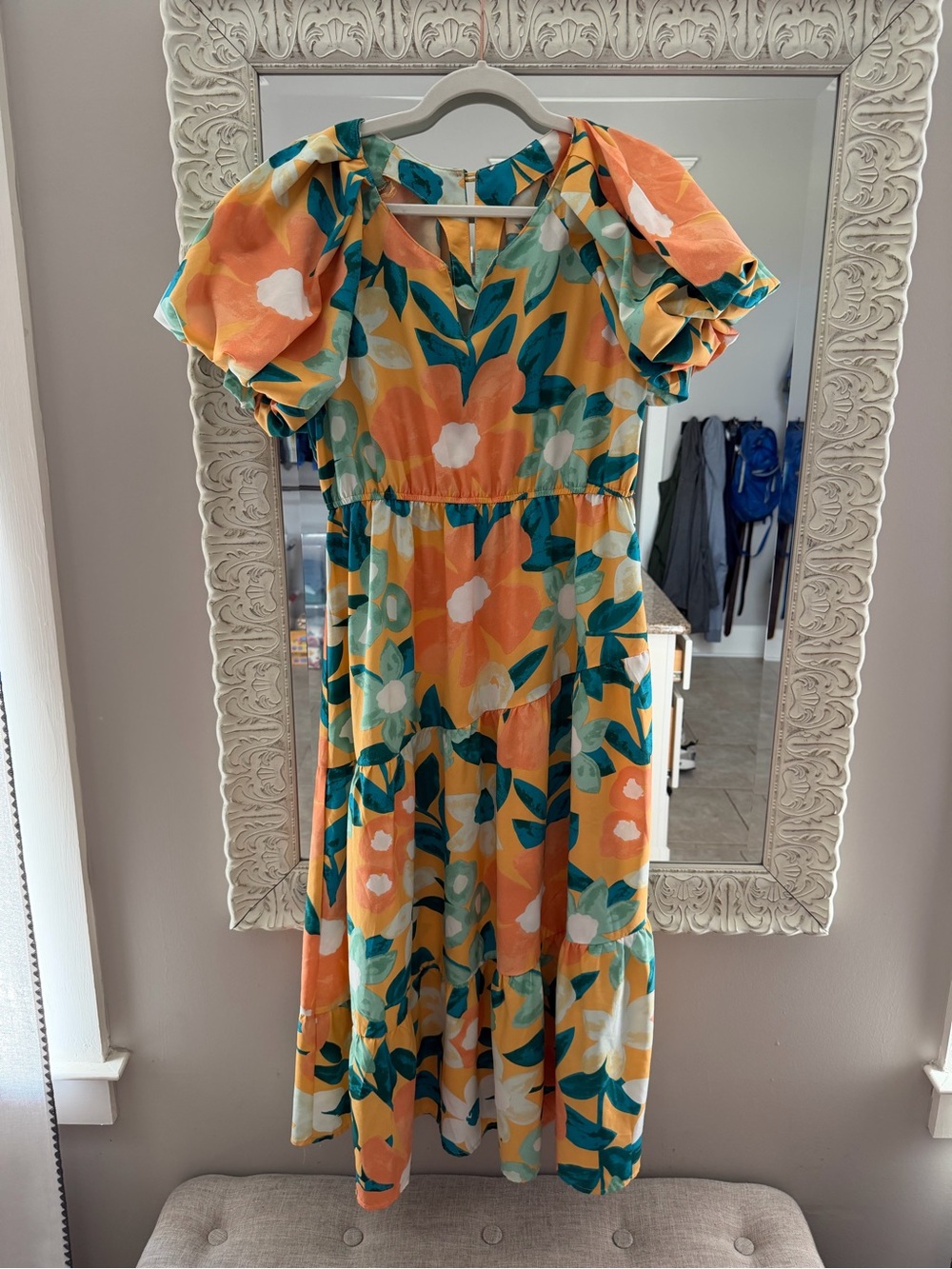 Boutique Orange Floral Maxi Dress with Teal Leaves - Picture 2 of 8
